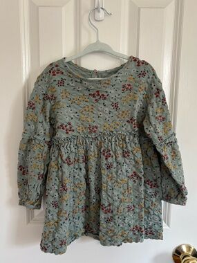 Girls' Floral Long-Sleeve Ruffle-Waist Dress in Sage Green